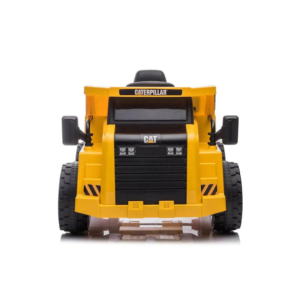12V CAT Electric Dump Truck ride-on for kids, angled view showcasing its vibrant design and sturdy build.