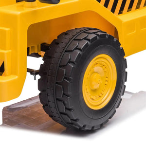 12V CAT Electric Dump Truck Ride-On for kids, one seater, angled view showcasing design and features.