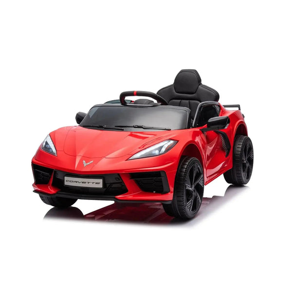12V Chevrolet Corvette C8 Stingray kids ride-on car, angle view, perfect for young car enthusiasts.
