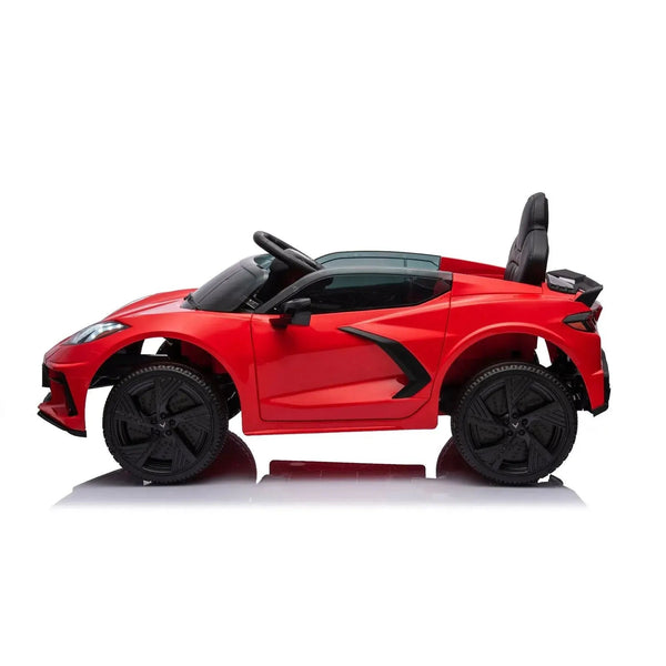 12V Chevrolet Corvette C8 Stingray kids ride-on car, angle view, perfect for little drivers' adventures.