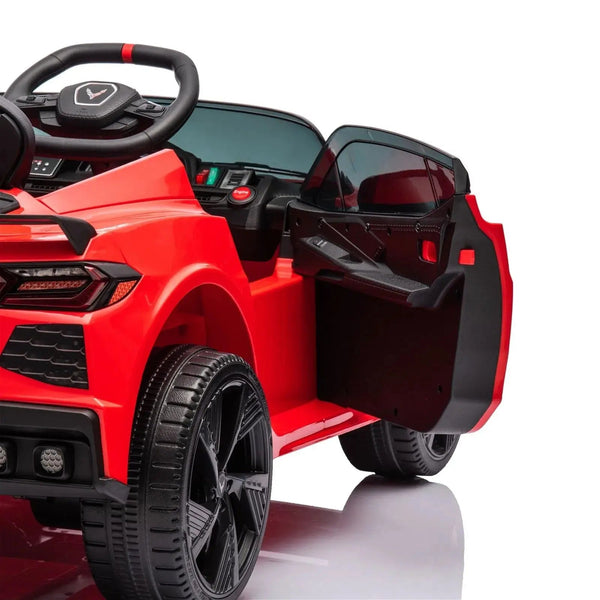12V Chevrolet Corvette C8 Stingray kids ride-on car, 1-seater, angled view showcasing sleek design and vibrant colors.