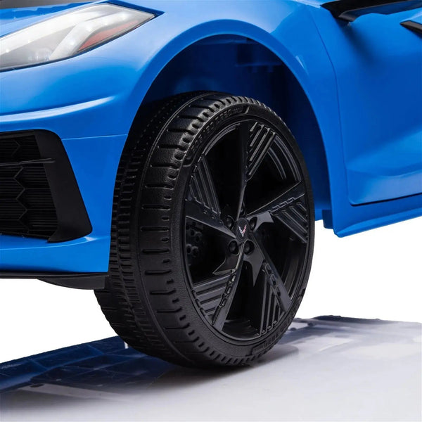 12V Chevrolet Corvette C8 Stingray kids ride-on car in angle view, perfect for young car enthusiasts.