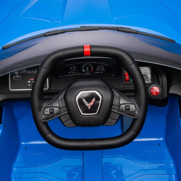 12V Chevrolet Corvette C8 Stingray kids ride-on car in angle view, perfect for adventurous little drivers.