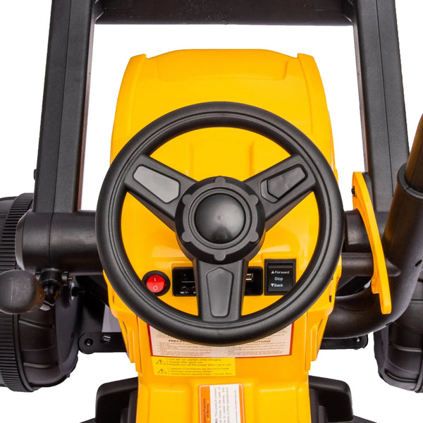 12V Freddo Excavator ride-on car for kids, one seater, angled view showcasing vibrant design and sturdy construction.