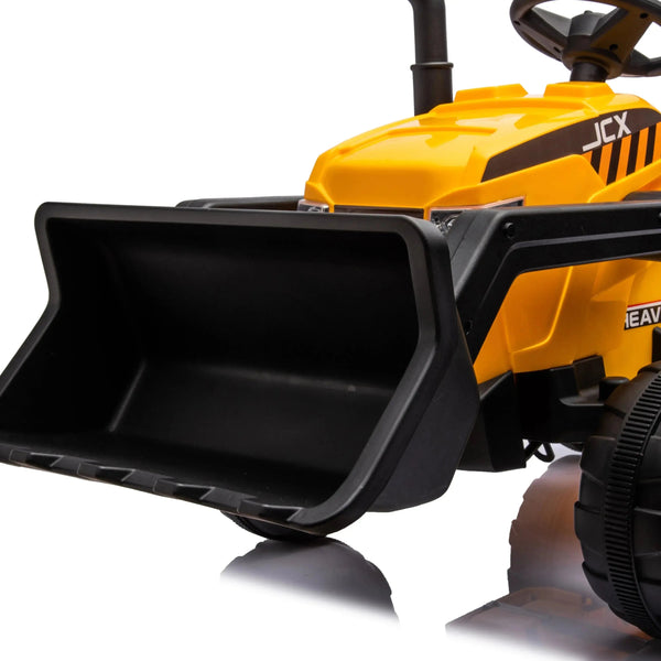 12V Freddo Excavator ride-on car for kids, single seater, angled view showcasing vibrant design and sturdy build.