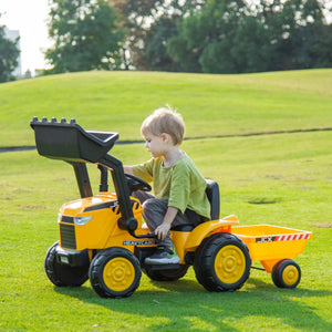 12V Freddo Excavator ride-on car for kids, one-seater, angled view showcasing vibrant design and sturdy construction.