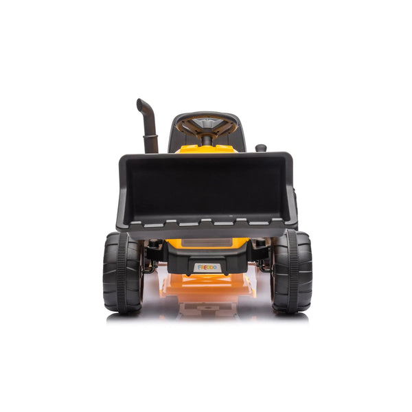 12V Freddo Excavator ride-on car for kids, single seater, angled view showcasing vibrant design and sturdy construction.