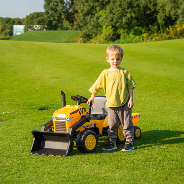 12V Freddo Excavator ride-on car for kids, one-seater, angled view showcasing design and features.