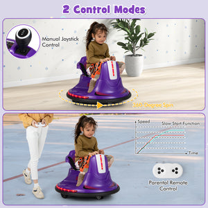 12V kids ride-on bumper car with remote control, lights, and music, angled view showcasing fun design and features.