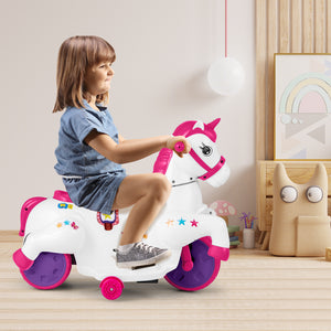 12V unicorn ride-on toy with training wheels, perfect for kids' fun and safe horse riding adventures.