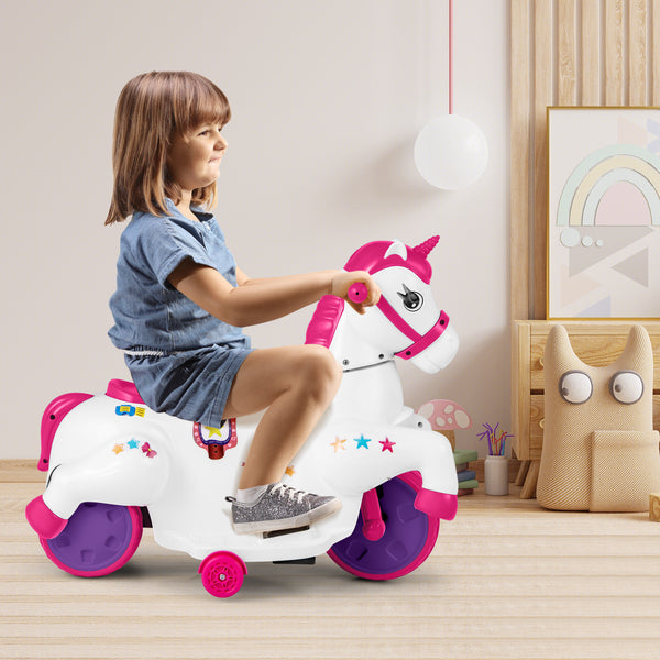 12V unicorn ride-on toy with training wheels, perfect for kids' fun and safe horse riding adventures.