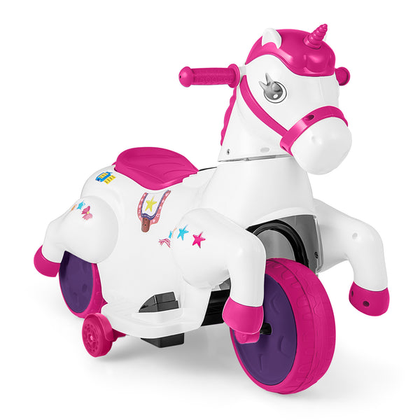 12V Unicorn Ride-On Toy with Training Wheels, Horse Riding Mode, perfect for kids' outdoor fun and adventure.