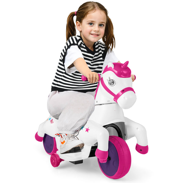 12V Unicorn Ride-On Toy with Training Wheels, perfect for kids' outdoor fun and imaginative play.