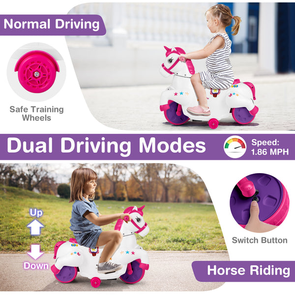 12V Unicorn Ride-On Toy with Training Wheels, perfect for kids' fun and safe horse riding adventures.