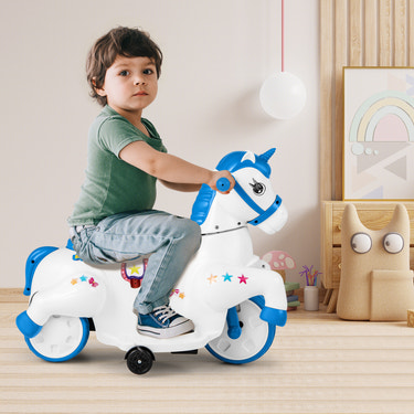 12V Unicorn Ride-On Toy with Training Wheels and Horse Riding Mode for kids, perfect for fun outdoor adventures.
