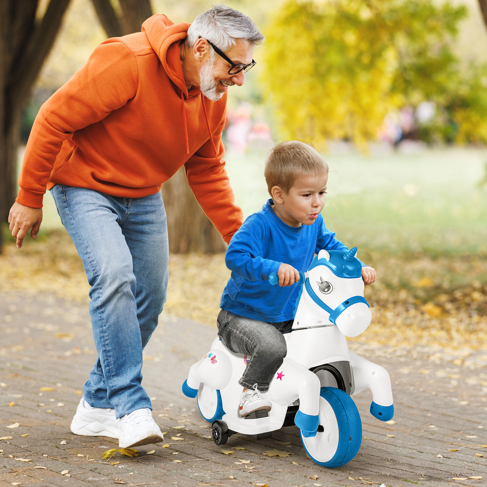 12V Unicorn Ride-On Toy with Training Wheels and Horse Riding Mode for kids, perfect for fun outdoor adventures.