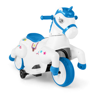 12V Unicorn Ride-On Toy with Training Wheels, Horse Riding Mode - Fun and safe for kids, angle view.