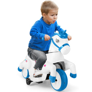 12V unicorn ride-on toy with training wheels, perfect for kids' fun and safe horse riding adventures.