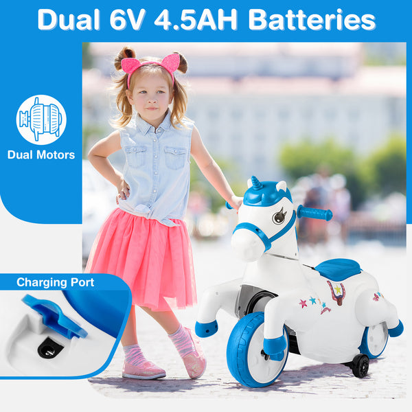 12V Unicorn Ride-On Toy with Training Wheels, perfect for kids' fun and safe horse riding adventures. Angle 6 view.