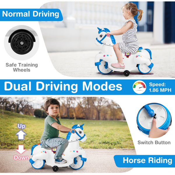12V Unicorn Ride On Toy with Training Wheels in Horse Riding Mode - Fun and safe for kids!