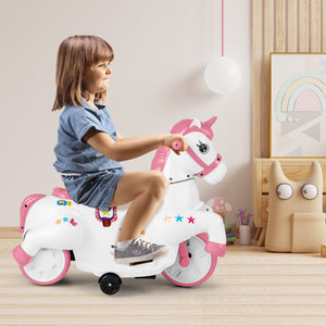 12V Unicorn Ride-On Toy with Training Wheels, perfect for kids' fun and safe riding adventures.