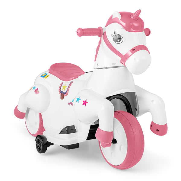 12V Unicorn Ride-On Toy with Training Wheels, perfect for kids' fun and safe riding adventures.