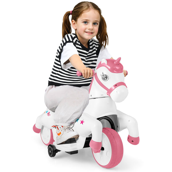 12V unicorn ride-on toy with training wheels, perfect for kids' fun and safe horse riding adventures. Angle 12 view.