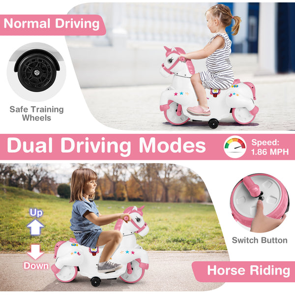 12V Unicorn Ride-On Toy with Training Wheels in Horse Riding Mode, perfect for kids' outdoor fun and adventures.