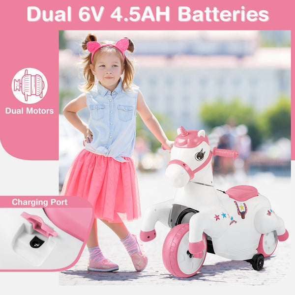 12V unicorn ride-on toy with training wheels, perfect for kids' fun and safe horse riding adventures.
