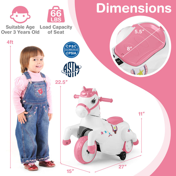 12V Unicorn Ride-On Toy with Training Wheels, perfect for kids' fun and safe horse riding adventures.