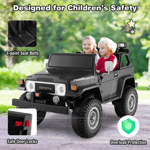 12V 2-seat licensed Toyota FJ40 kids ride-on car with remote control, angled view showcasing design and features.