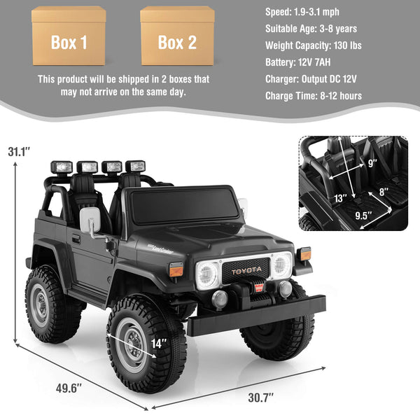 12V 2-seat Toyota FJ40 kids ride-on car with remote control, perfect for outdoor fun and adventure.