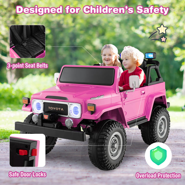 12V 2-seat licensed Toyota FJ40 kids ride-on car with remote control, perfect for outdoor fun and adventure.