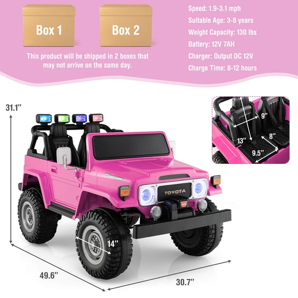 12V 2-seat licensed Toyota FJ40 kids ride-on car with remote control, perfect for outdoor fun and adventure.