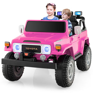 12V 2-seat licensed Toyota FJ40 kids ride-on car with remote control, angled view showcasing its design and features.