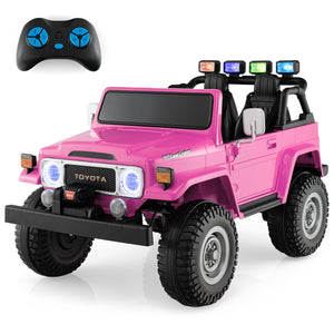 12V 2-seat licensed Toyota FJ40 ride-on car for kids with remote control, angled view showcasing its design and features.