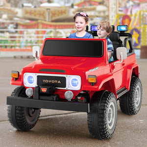 12V 2-seat Toyota FJ40 kids ride-on car with remote control, angled view showcasing design and features.