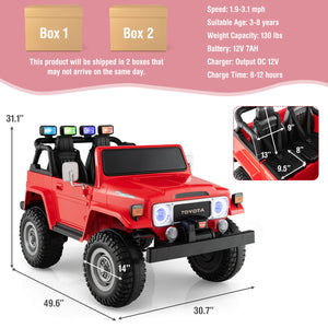 12V 2-seat Toyota FJ40 kids ride-on car with remote control, angled view showcasing its fun design and features.