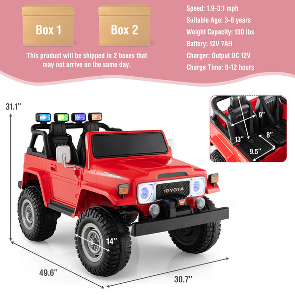 12V 2-seat Toyota FJ40 kids ride-on car with remote control, angled view showcasing its fun design and features.