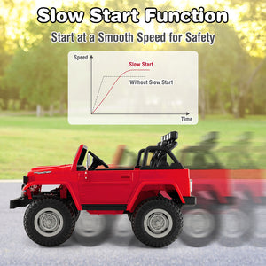 12V 2-seat licensed Toyota FJ40 kids ride-on car with remote control, angled view showcasing fun design and features.