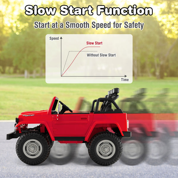 12V 2-seat licensed Toyota FJ40 kids ride-on car with remote control, angled view showcasing fun design and features.