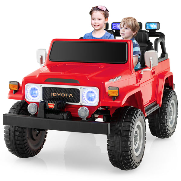 12V 2-seat licensed Toyota FJ40 kids ride-on car with remote control, angled view showcasing design and features.