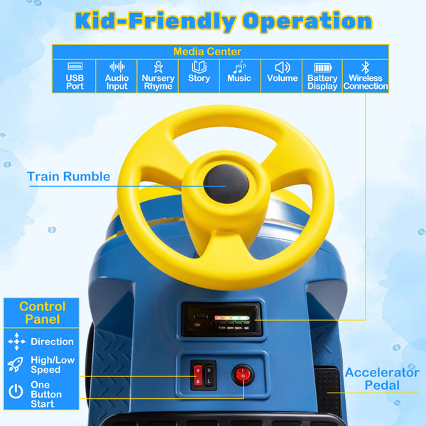12V 2-Seater Kids Ride on Train with Height Adjustable Seat and Music Licensed Chuggington