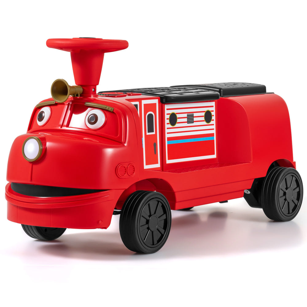 12V 2-seater kids ride-on train with adjustable seat and licensed Chuggington music, perfect for powered playtime fun.