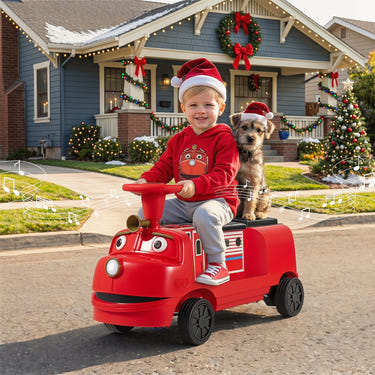 12V 2-seater kids ride-on train with adjustable seat and licensed Chuggington music, perfect for powered playtime fun.