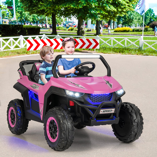 12V 2-seater kids UTV ride-on toy with slow start and music, angled view showcasing fun design and features.