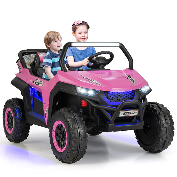 12V 2-seater kids UTV ride-on toy with slow start function and music, angled view showcasing design and features.
