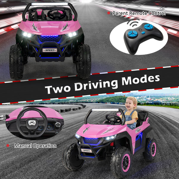 12V 2-seater kids UTV ride-on toy with slow start function and music, shown from angle 14.