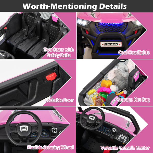 12V 2-seater kids UTV with slow start, music feature, perfect for outdoor fun and adventure. Angle 16 view.