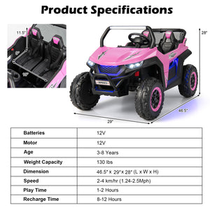 12V 2-seater kids UTV ride-on toy with slow start, music feature, angled view showcasing fun design and safety.